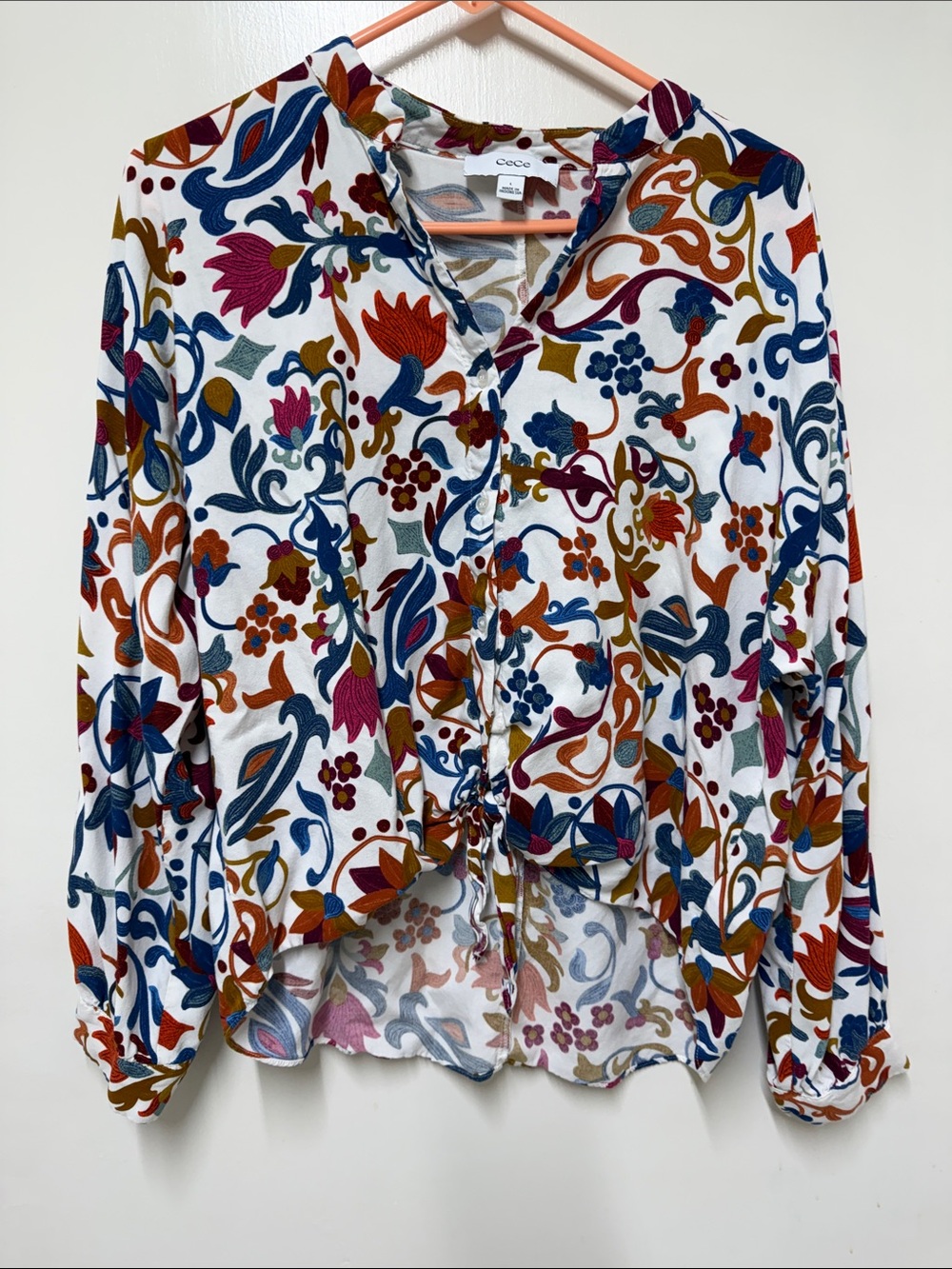 CeCe White Floral Paisley Tie-Front Button Blouse - Picture 1 of 3